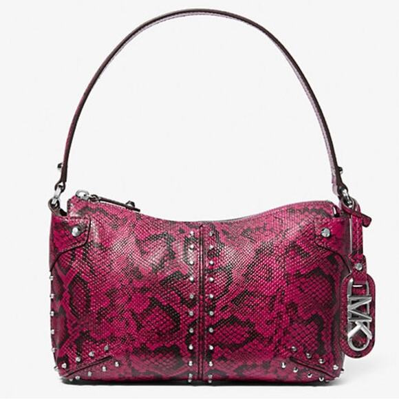 Michael Kors Astor Large Studded Snake Embossed Leather Shoulder Bag - Picture 2 of 6